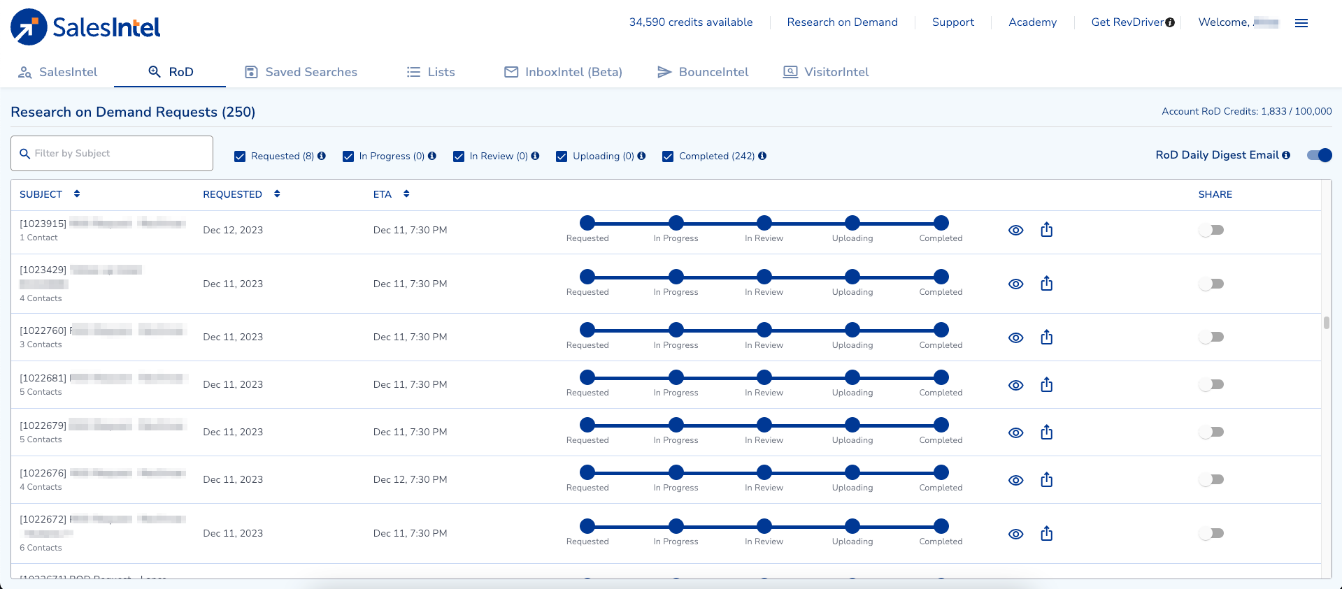 Request Research on Demand (ROD) – SalesIntel Support Center